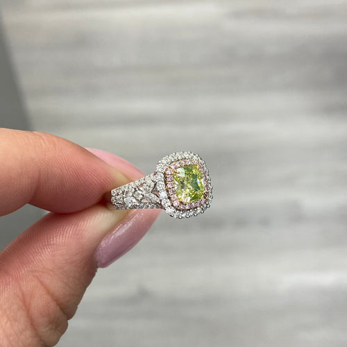 Royal natural green diamond ring. green cushion cut diamond.