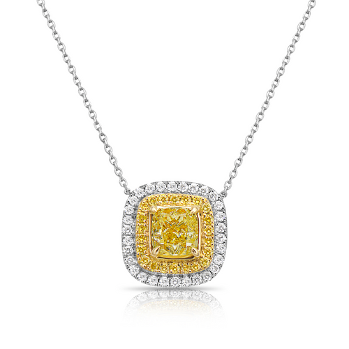 Elegant yellow diamond necklace. yellow diamond pendant. yellow cushion diamond.