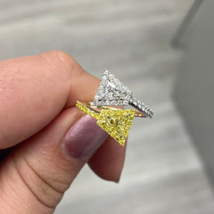 yellow diamond ring. 2 stone ring. two stone ring. unique yellow diamond ring