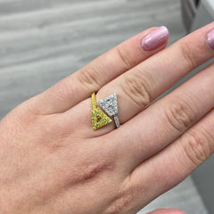yellow diamond ring. 2 stone ring. two stone ring. unique yellow diamond ring