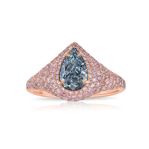 Unique GIA certified light blue pear shape diamond ring set with natural pink diamonds.