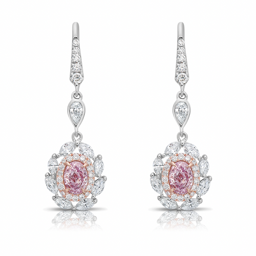 Ethereal pink diamond earrings. pink diamonds. pink diamond jewelry. pink diamond studs. pink diamond drop earrings. pink and white diamond earrings. pink diamond ovals.