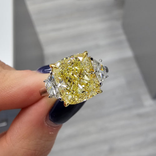 4.02 Carat Cushion Diamond Fancy Yellow Diamond SI1 Clarity Excellent, Very Good Cutting, No Fluorescence 4.43 Carat Total 0.41 Carat Half Moons Handmade in Platinum & 18k White Gold GIA Certified Diamond