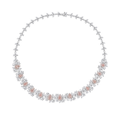 Red carpet pink diamond necklace. Natural fancy pink diamond necklace. Fancy pink diamond jewelry. Pink diamond jewelry. Gia certified pink diamonds