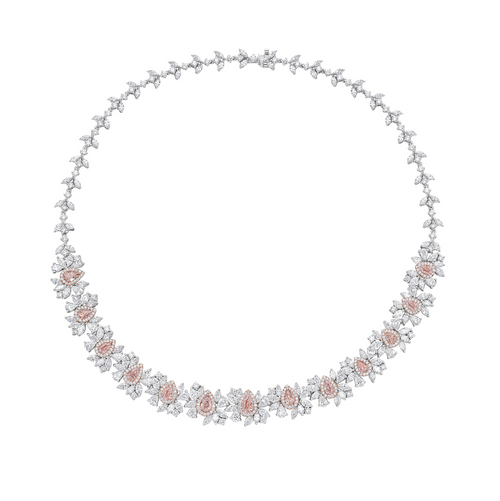 Red carpet pink diamond necklace. Natural fancy pink diamond necklace. Fancy pink diamond jewelry. Pink diamond jewelry. Gia certified pink diamonds