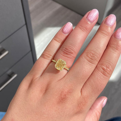 Yellow and yellow Radiant halo diamond ring, GIA certified light yellow, radiant engagement ring, halo enaggement ring, yellow on yellow engagement ring