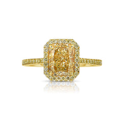 Yellow and yellow Radiant halo diamond ring, GIA certified light yellow, radiant engagement ring, halo engagement ring, yellow on yellow engagement ring.