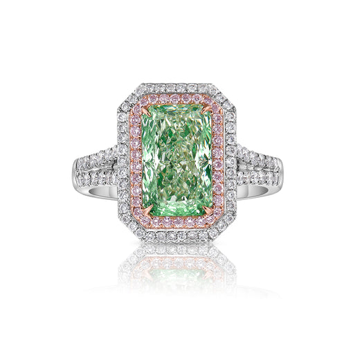 Unique elongated radiant natural green diamond ring. JLO green diamond.