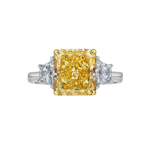 Fancy yellow engagement ring, three stone diamond ring, yellow diamond ring, yellow radiant diamond.