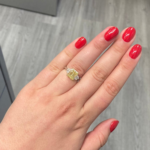 Fancy yellow elongated cushion diamond ring. Fancy yellow long cushion. Fancy yellow cushion