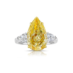 Three stone engagement ring, yellow diamond ring, yellow diamond engagement ring, three stone diamond ring, yellow pear diamond, pear shape diamond, pear shape engagement ring.