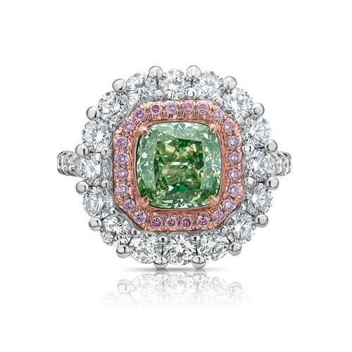Green Cushion Diamond Halo Cocktail Ring