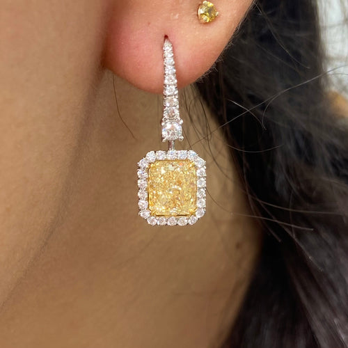 yellow diamond earrings. yellow diamond drop earrings. GIA yellow diamond earrings. radiant cut yellow diamonds. yellow diamond jewelry.