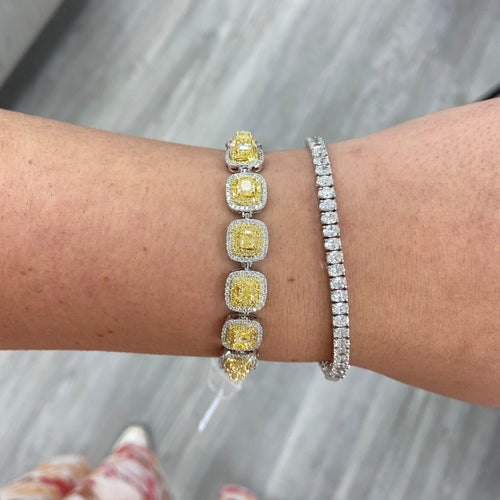 Yellow diamond bracelet, double halo yellow diamonds, yellow diamonds, natural yellow diamonds, canary yellow diamonds
