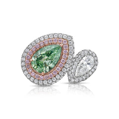 Green and White Pear Diamond Bypass Ring