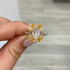 2.16 Carat Total Weight 1 Carat Center Elongated Oval Diamond VS2 Clarity GIA Certified Diamond 1.16 Carats of Multi Color Pear Shape Diamonds One of A Kind Design Handmade in NYC.