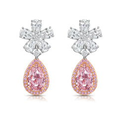 2 Carat Each Pink Pear Diamond Flower Drop Earrings