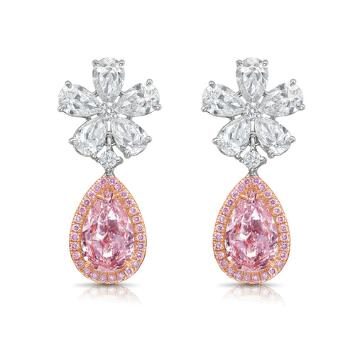 2 Carat Each Pink Pear Diamond Flower Drop Earrings