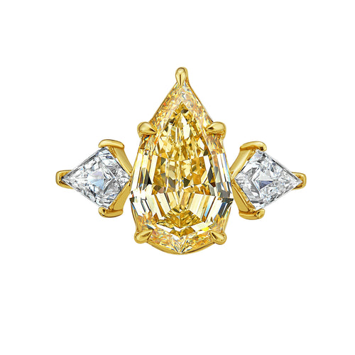 4 Carat Step Cut Pear Shape Champagne Diamond Three Stone Ring