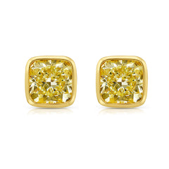 Fancy Yellow Cushion Diamond Bezel Stud Earrings