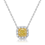 1 Carat Fancy Light Yellow Cushion with White Halo Diamond Pendant Necklace