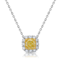 1 Carat Fancy Light Yellow Cushion with White Halo Diamond Pendant Necklace
