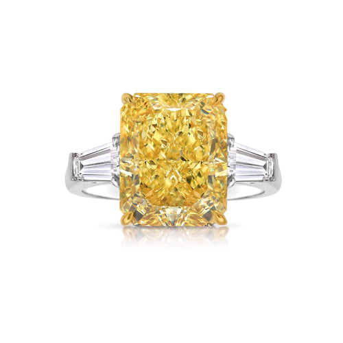 5.52ct Fancy Yellow Elongated Radiant Diamond Three Stone Ring
