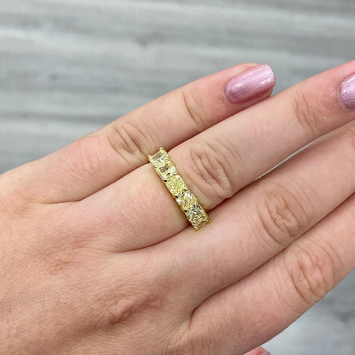 Half eternity diamond ring. Cushion half eternity diamond ring. Yellow diamond eternity band. Yellow diamond eternity ring. Yellow diamond wedding band. Cushion eternity band.