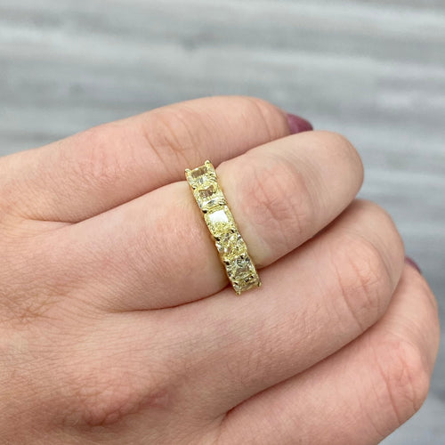 Half eternity diamond ring. Cushion half eternity diamond ring. Yellow diamond eternity band. Yellow diamond eternity ring. Yellow diamond wedding band. Cushion eternity band.