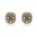 Green diamond earrings, fancy yellow green diamond surrounded by fancy pink diamond halo.