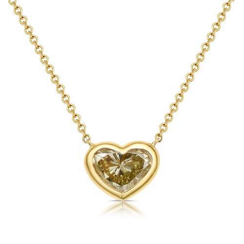 Unique green diamond pendant. yellow gold diamond necklace. green heart shape diamond. green diamond.