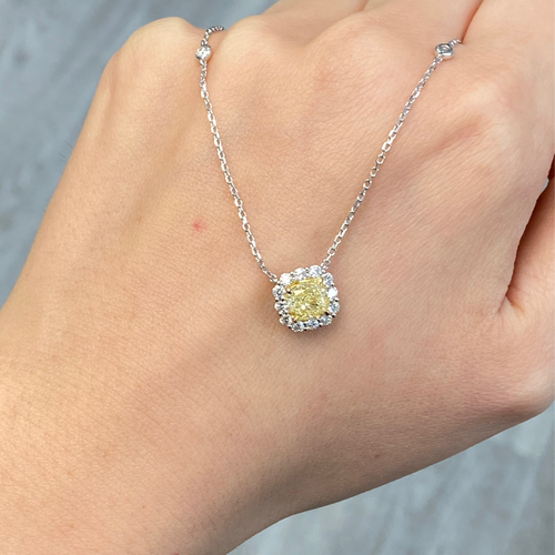 1 Carat Fancy Light Yellow Cushion with White Halo Diamond Pendant Necklace