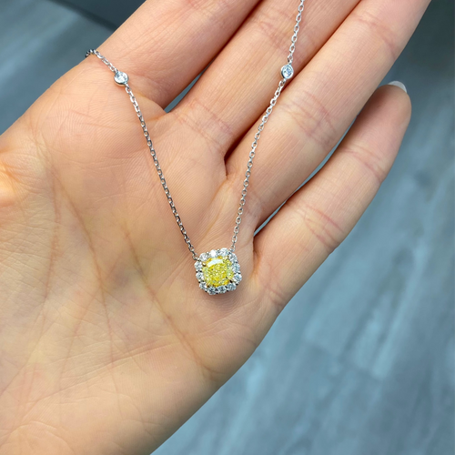1 Carat Fancy Light Yellow Cushion with White Halo Diamond Pendant Necklace