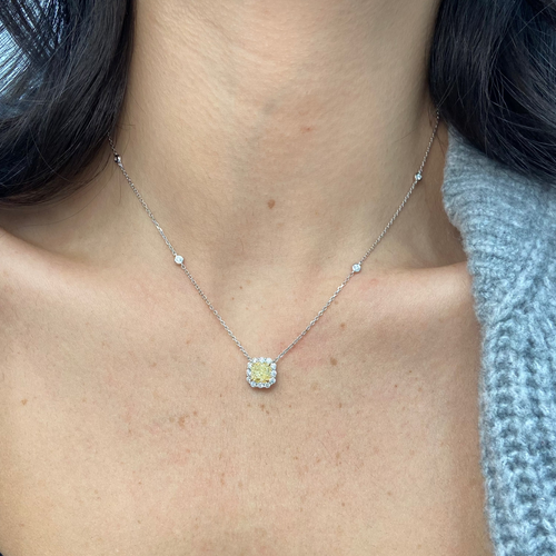 1 Carat Fancy Light Yellow Cushion with White Halo Diamond Pendant Necklace