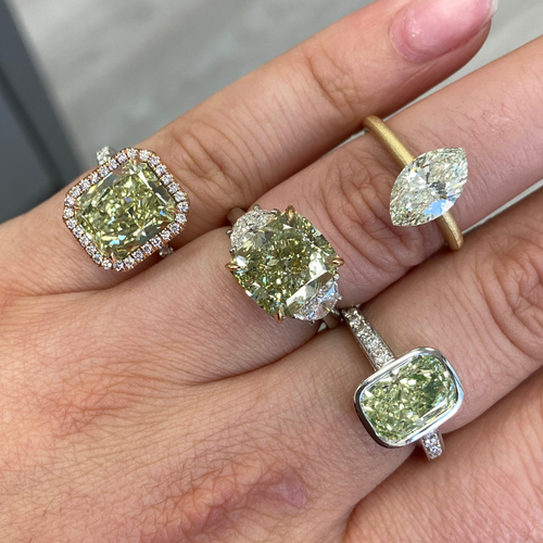 3.47ct Fancy Greenish Yellow Cushion Diamond Engagement Ring