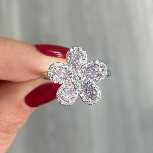 pink diamond ring. pink diamond flower. pink diamond fashion ring. floral diamond jewelry, unique jewelry inspiration