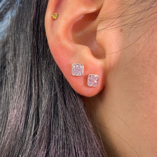 Bezel Set Pink Radiant Diamond Stud Earrings
