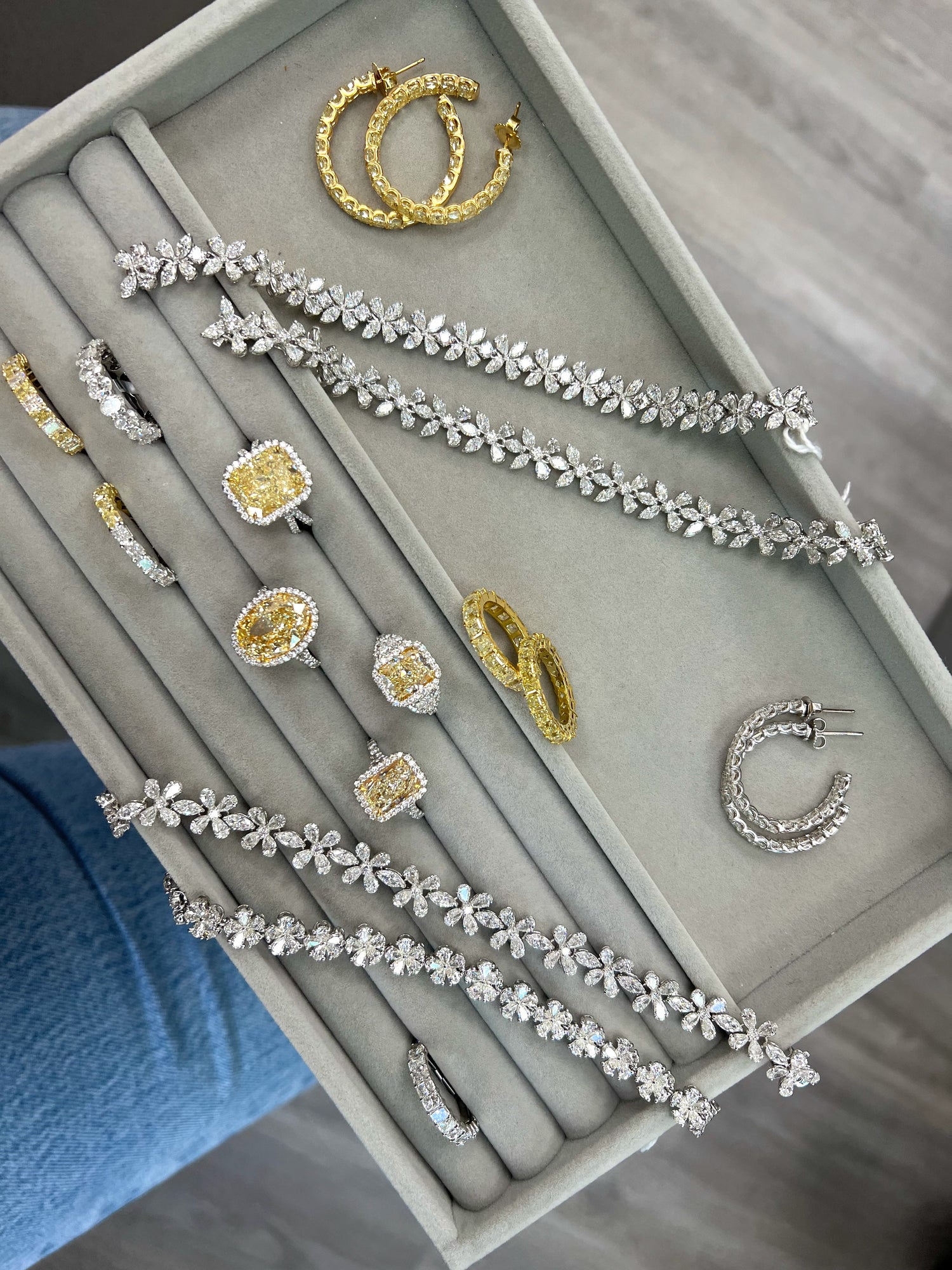 yellow diamond jewelry. Canary yellow engagement rings. Floral diamond tennis bracelets