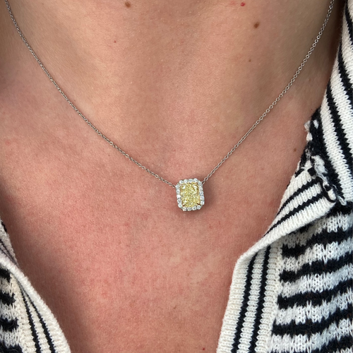 1.71ct Light Yellow Radiant in Diamond Halo Pendant Necklace