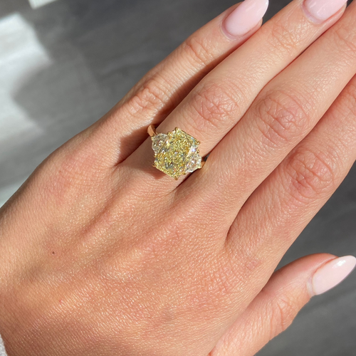 6.03ct Light Yellow Elongated Radiant Diamond Three Stone Ring