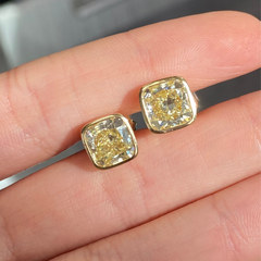 Fancy Yellow Cushion Diamond Bezel Stud Earrings