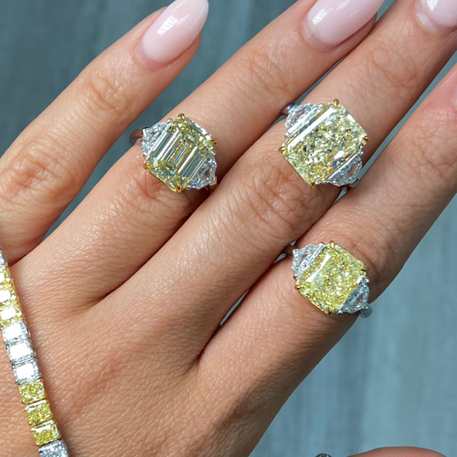 5 Carat Yellow Emerald Cut Diamond Three Stone Ring