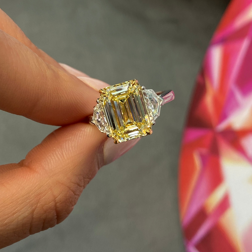 5 Carat Yellow Emerald Cut Diamond Three Stone Ring