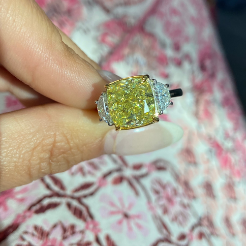 5.62ct Fancy Yellow Cushion Diamond Three Stone Ring