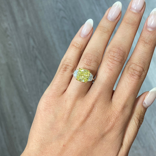 5.62ct Fancy Yellow Cushion Diamond Three Stone Ring