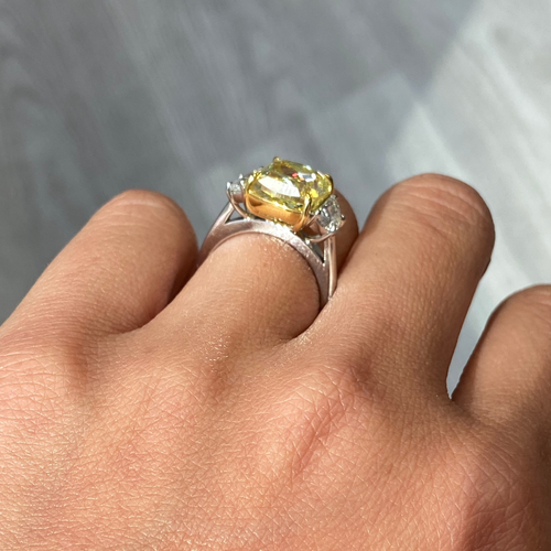 5.62ct Fancy Yellow Cushion Diamond Three Stone Ring