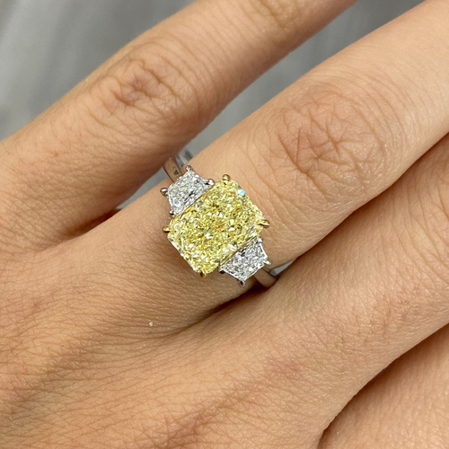 3 carat elongated radiant fancy yellow diamond ring
