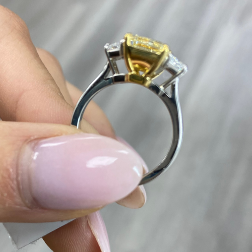 3 carat elongated radiant fancy yellow diamond ring