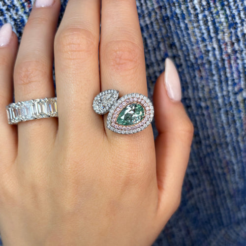 Green and White Pear Diamond Bypass Ring
