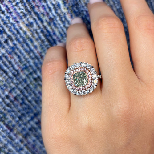 Green Cushion Diamond Halo Cocktail Ring